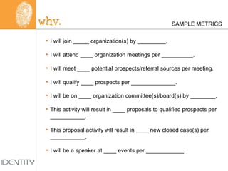 SAMPLE METRICS I will join _____ organization(s) by _________.   I will attend ____ organization meetings per __________.   I will meet ____ potential prospects/referral sources per meeting. I will qualify ____ prospects per ______________. I will be on ____ organization committee(s)/board(s) by ________.   This activity will result in ____ proposals to qualified prospects per ___________. This proposal activity will result in ____ new closed case(s) per ___________.   I will be a speaker at ____ events per ____________. 