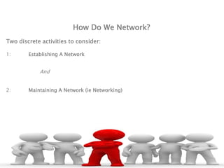How Do We Network?
Two discrete activities to consider:
1: Establishing A Network
And
2: Maintaining A Network (ie Networking)
 