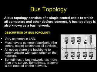 Bus Topology
DESCRIPTION OF BUS TOPOLOGY
• Very common in LAN.
• Must have a common backbone (the
central cable) to connect all devices.
• All nodes share the backbone to
communicate with each other on the
network.
• Sometimes, a bus network has more
than one server. Sometimes, a server
is not needed on the network.
A bus topology consists of a single central cable to which
all computers and other devices connect. A bus topology is
also known as a bus network.
 
