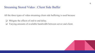 Streaming Stored Video : Client Side Buffer
All the three types of video streaming client side buffering is used because
❏ Mitigate the effects of end to end delay.
❏ Varying amounts of available bandwidth between server and client.
6
 