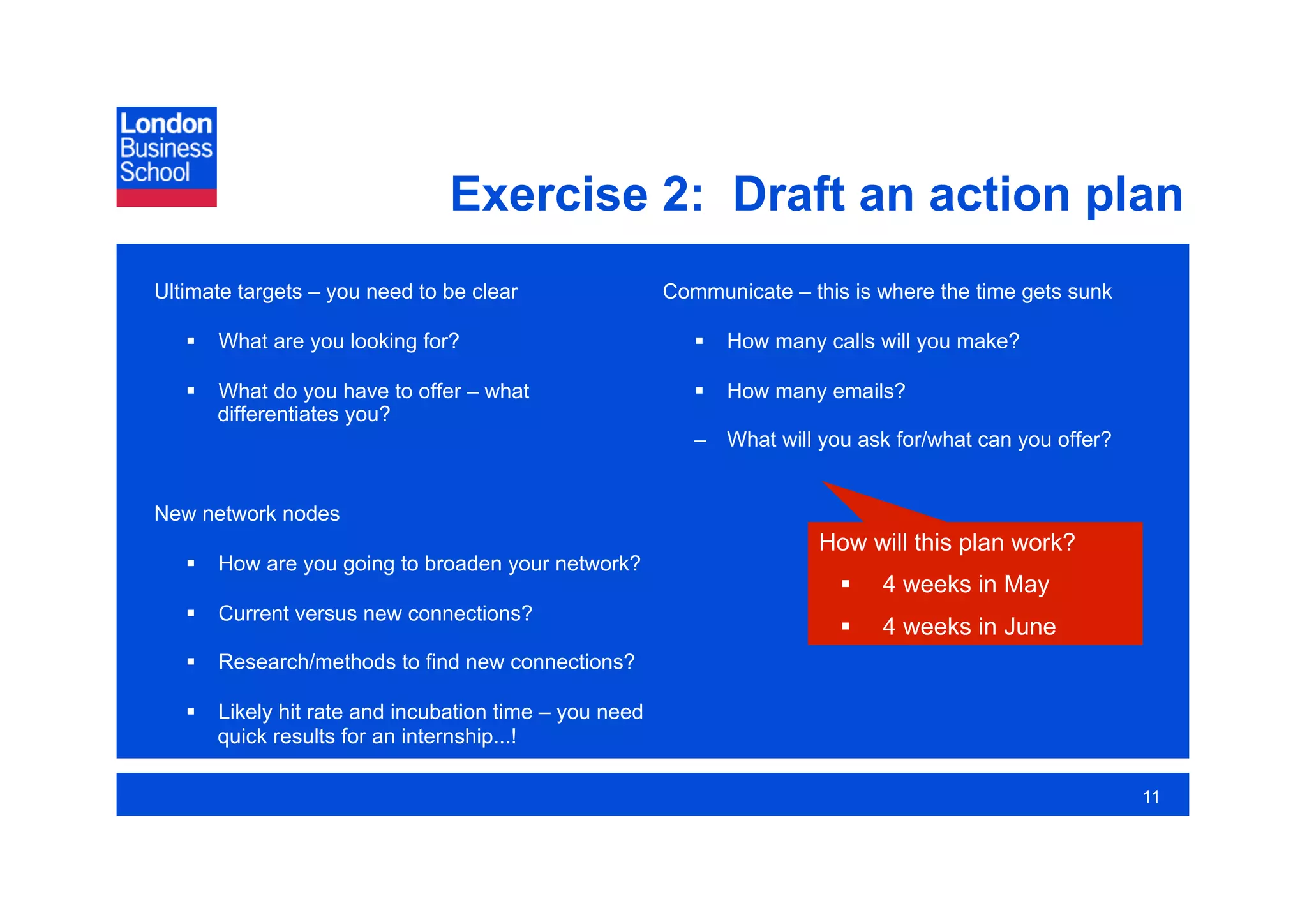Exercise 2: Draft an action plan
Ultimate targets – you need to be clear                Communicate – this is where the time gets sunk

     What are you looking for?                             How many calls will you make?

     What do you have to offer – what                      How many emails?
      differentiates you?
                                                          –  What will you ask for/what can you offer?


New network nodes
                                                                       How will this plan work?
     How are you going to broaden your network?
                                                                             4 weeks in May
     Current versus new connections?
                                                                             4 weeks in June
     Research/methods to find new connections?

     Likely hit rate and incubation time – you need
      quick results for an internship...!

                                                                                                         11
 