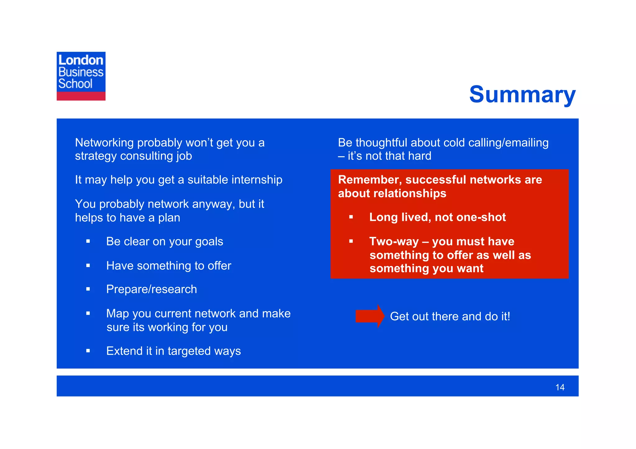 Summary
Networking probably won’t get you a         Be thoughtful about cold calling/emailing
strategy consulting job                     – it’s not that hard

It may help you get a suitable internship   Remember, successful networks are
                                            about relationships
You probably network anyway, but it
helps to have a plan                              Long lived, not one-shot

      Be clear on your goals                     Two-way – you must have
                                                   something to offer as well as
      Have something to offer                     something you want
      Prepare/research

      Map you current network and make               Get out there and do it!
       sure its working for you

      Extend it in targeted ways


                                                                                        14
 
