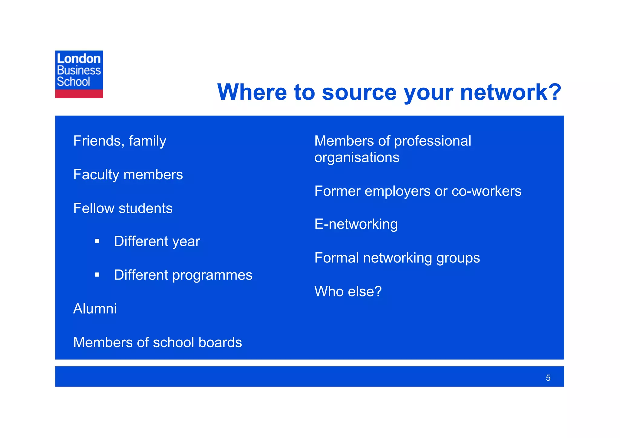 Where to source your network?
Friends, family                Members of professional
                               organisations
Faculty members
                               Former employers or co-workers
Fellow students
                               E-networking
     Different year
                               Formal networking groups
     Different programmes
                               Who else?
Alumni

Members of school boards

                                                                5
 