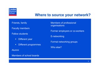 Where to source your network?
Friends, family                Members of professional
                               organisations
Faculty members
                               Former employers or co-workers
Fellow students
                               E-networking
     Different year
                               Formal networking groups
     Different programmes
                               Who else?
Alumni

Members of school boards

                                                                5
 