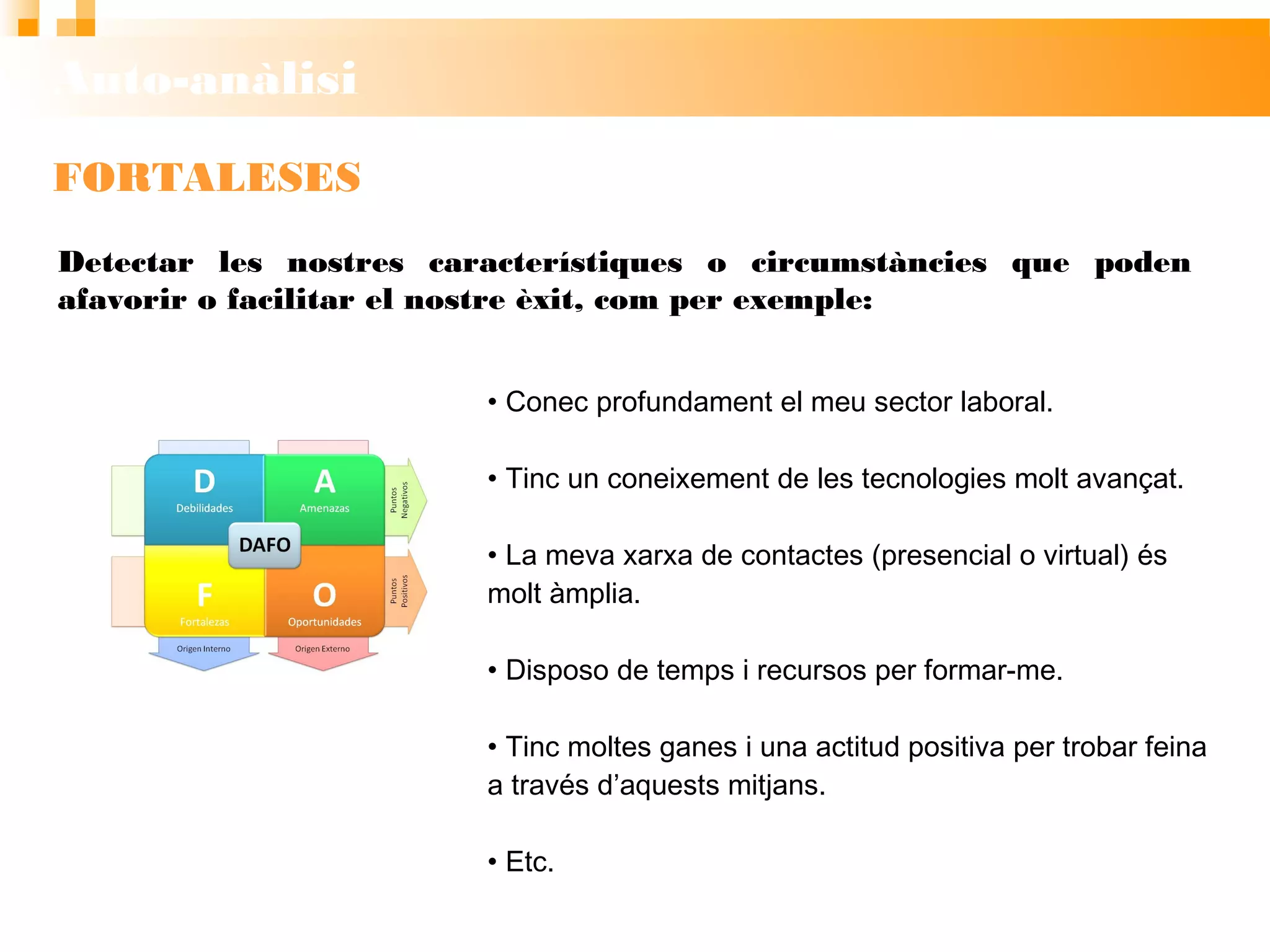 Auto-anàlisi
FORTALESES
• Conec profundament el meu sector laboral.
• Tinc un coneixement de les tecnologies molt
avançat.
• La meva xarxa de contactes (presencial o virtual)
és molt àmplia.
• Disposo de temps i recursos per formar-me.
• Tinc moltes ganes i una actitud positiva per trobar
feina a través d’aquests mitjans.
• Etc.
Detectar les nostres característiques o circumstàncies que poden afavorir
o facilitar el nostre èxit, com per exemple:
 