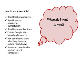 How do you answer this?
 Read local newspapers
 Read industry
newsletter
(SmartBrief)
 Read trade publications
 Create Google Alerts
based on keywords
 Ask people you know
who they think you
should meet/know
 Names of people who
work at target
companies
Whom do I want
to meet?
 