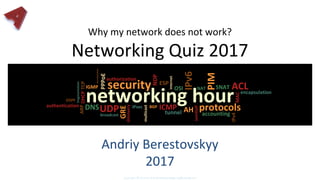Andriy Berestovskyy
2017
( ц ) А н д р
і й Б е р е с
т о в с ь к и
й
networking hour
TCP
UDP
NAT
IPsec
IPv4
IPv6
internet
protocolsAH
ESP
authentication
authorization
accounting
encapsulation
security
BGP
OSPF
ICMP
ACLSNAT
tunnel
PPPoE
GRE
ARP
discovery
NDP
OSI
broadcast
multicast
IGMP
PIM
MAC
DHCP
DNS
fragmentation
semihalf
berestovskyy
Why my network does not work?
Networking Quiz 2017
 