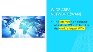 WIDE AREA
NETWORK (WAN)
• The Internet is an example
of a global WAN .In fact it is
the world’s largest WAN
 