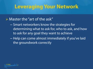 Leveraging Your Network

 Master the “art of the ask”
  – Smart networkers know the strategies for
    determining what to ask for, who to ask, and how
    to ask for any goal they want to achieve
  – Help can come almost immediately if you’ve laid
    the groundwork correctly
 