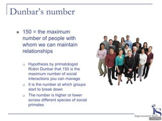 Dunbar’s number

    150 = the maximum
     number of people with
     whom we can maintain
     relationships

        Hypothesis by primatologist
         Robin Dunbar that 150 is the
         maximum number of social
         interactions you can manage
        It is the number at which groups
         start to break down
        The number is higher or lower
         across different species of social
         primates
 