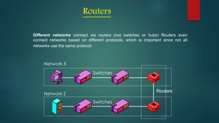Routers
Different networks connect via routers (not switches or hubs) Routers even
connect networks based on different protocols, which is important since not all
networks use the same protocol.
Network X
Network Z
Switches
Routers
Switches
 