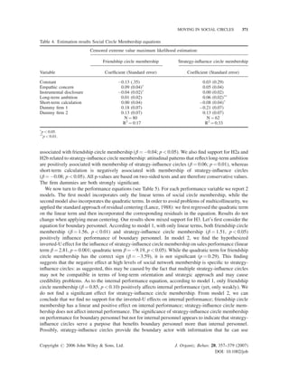 MOVING IN SOCIAL CIRCLES

371

Table 4. Estimation results Social Circle Membership equations
Censored extreme value maximum likelihood estimation:
Friendship circle membership
Variable
Constant
Empathic concern
Instrumental disclosure
Long-term ambition
Short-term calculation
Dummy ﬁrm 1
Dummy ﬁrm 2

Ã

Strategy-inﬂuence circle membership

Coefﬁcient (Standard error)

Coefﬁcient (Standard error)

À0.13 (.35)
0.09 (0.04)Ã
À0.04 (0.02)Ã
0.01 (0.02)
0.00 (0.04)
0.18 (0.07)
0.13 (0.07)
N ¼ 80
R2 ¼ 0.17

0.03 (0.29)
0.05 (0.04)
0.00 (0.02)
0.06 (0.02)ÃÃ
À0.08 (0.04)Ã
À0.21 (0.07)
0.13 (0.07)
N ¼ 62
R2 ¼ 0.33

p < 0.05.
p < 0.01.

ÃÃ

associated with friendship circle membership (b ¼ À0.04; p < 0.05). We also ﬁnd support for H2a and
H2b related to strategy-inﬂuence circle membership: attitudinal patterns that reﬂect long-term ambition
are positively associated with membership of strategy-inﬂuence circles (b ¼ 0.06; p ¼ 0.01), whereas
short-term calculation is negatively associated with membership of strategy-inﬂuence circles
(b ¼ À0.08; p < 0.05). All p-values are based on two-sided tests and are therefore conservative values.
The ﬁrm dummies are both strongly signiﬁcant.
We now turn to the performance equations (see Table 5). For each performance variable we report 2
models. The ﬁrst model incorporates only the linear terms of social circle membership, while the
second model also incorporates the quadratic terms. In order to avoid problems of multicollinearity, we
applied the standard approach of residual centering (Lance, 1988): we ﬁrst regressed the quadratic term
on the linear term and then incorporated the corresponding residuals in the equation. Results do not
change when applying mean centering. Our results show mixed support for H3. Let’s ﬁrst consider the
equation for boundary personnel. According to model 1, with only linear terms, both friendship circle
membership (b ¼ 1.56, p < 0.01) and strategy-inﬂuence circle membership (b ¼ 1.51, p < 0.05)
positively inﬂuence performance of boundary personnel. In model 2, we ﬁnd the hypothesized
inverted-U effect for the inﬂuence of strategy-inﬂuence circle membership on sales performance (linear
term b ¼ 2.81, p ¼ 0.001; quadratic term b ¼ À9.19, p < 0.05). While the quadratic term for friendship
circle membership has the correct sign (b ¼ À3.59), it is not signiﬁcant (p ¼ 0.29). This ﬁnding
suggests that the negative effect at high levels of social network membership is speciﬁc to strategyinﬂuence circles: as suggested, this may be caused by the fact that multiple strategy-inﬂuence circles
may not be compatible in terms of long-term orientation and strategic approach and may cause
credibility problems. As to the internal performance equation, according to model 1, only friendship
circle membership (b ¼ 0.85, p < 0.10) positively affects internal performance (yet, only weakly). We
do not ﬁnd a signiﬁcant effect for strategy-inﬂuence circle membership. From model 2, we can
conclude that we ﬁnd no support for the inverted-U effects on internal performance; friendship circle
membership has a linear and positive effect on internal performance; strategy-inﬂuence circle membership does not affect internal performance. The signiﬁcance of strategy-inﬂuence circle membership
on performance for boundary personnel but not for internal personnel appears to indicate that strategyinﬂuence circles serve a purpose that beneﬁts boundary personnel more than internal personnel.
Possibly, strategy-inﬂuence circles provide the boundary actor with information that he can use
Copyright # 2006 John Wiley & Sons, Ltd.

J. Organiz. Behav. 28, 357–379 (2007)
DOI: 10.1002/job

 