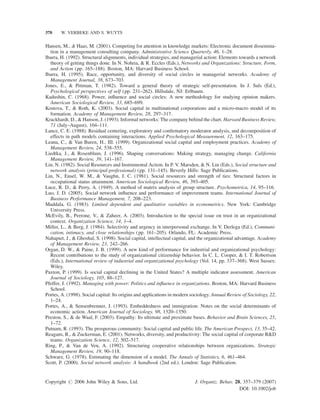 378

W. VERBEKE AND S. WUYTS

Hansen, M.,  Haas, M. (2001). Competing for attention in knowledge markets: Electronic document dissemination in a management consulting company. Administrative Science Quarterly, 46, 1–28.
Ibarra, H. (1992). Structural alignments, individual strategies, and managerial action: Elements towards a network
theory of getting things done. In N. Nohria,  R. Eccles (Eds.), Networks and Organizations: Structure, Form,
and Action (pp. 165–188). Boston, MA: Harvard Business School.
Ibarra, H. (1995). Race, opportunity, and diversity of social circles in managerial networks. Academy of
Management Journal, 38, 673–703.
Jones, E.,  Pittman, T. (1982). Toward a general theory of strategic self-presentation. In J. Suls (Ed.),
Psychological perspectives of self (pp. 231–262). Hillsdale, NJ: Erlbaum.
Kadushin, C. (1968). Power, inﬂuence and social circles: A new methodology for studying opinion makers.
American Sociological Review, 33, 685–699.
Kostova, T.,  Roth, K. (2003). Social capital in multinational corporations and a micro-macro model of its
formation. Academy of Management Review, 28, 297–317.
Krackhardt, D.,  Hanson, J. (1993). Informal networks: The company behind the chart. Harvard Business Review,
71 (July–August), 104–111.
Lance, C. E. (1988). Residual centering, exploratory and conﬁrmatory moderator analysis, and decomposition of
effects in path models containing interactions. Applied Psychological Measurement, 12, 163–175.
Leana, C.,  Van Buren, H., III. (1999). Organizational social capital and employment practices. Academy of
Management Review, 24, 538–555.
Liedtka, J.,  Rosenblum, J. (1996). Shaping conversations: Making strategy, managing change. California
Management Review, 39, 141–167.
Lin, N. (1982). Social Resources and Instrumental Action. In P. V. Marsden,  N. Lin (Eds.), Social structure and
network analysis (principal-professional) (pp. 131–145). Beverly Hills: Sage Publications.
Lin, N., Ensel, W. M.,  Vaughn, J. C. (1981). Social resources and strength of ties: Structural factors in
occupational status attainment. American Sociological Review, 46, 393–405.
Luce, R. D.,  Perry, A. (1949). A method of matrix analysis of group structure. Psychometrica, 14, 95–116.
Luo, J. D. (2005). Social network inﬂuence and performance of improvement teams. International Journal of
Business Performance Management, 7, 208–223.
Maddala, G. (1983). Limited dependent and qualitative variables in econometrics. New York: Cambridge
University Press.
McEvily, B., Perrone, V.,  Zaheer, A. (2003). Introduction to the special issue on trust in an organizational
context. Organization Science, 14, 1–4.
Miller, L.,  Berg, J. (1984). Selectivity and urgency in interpersonal exchange. In V. Derlega (Ed.), Communication, intimacy, and close relationships (pp. 161–205). Orlando, FL: Academic Press.
Nahapiet, J.,  Ghoshal, S. (1998). Social capital, intellectual capital, and the organizational advantage. Academy
of Management Review, 23, 242–266.
Organ, D. W.,  Paine, J. B. (1999). A new kind of performance for industrial and organizational psychology:
Recent contributions to the study of organizational citizenship behavior. In C. L. Cooper,  I. T. Robertson
(Eds.), International review of industrial and organizational psychology (Vol. 14, pp. 337–368). West Sussex:
Wiley.
Paxton, P. (1999). Is social capital declining in the United States? A multiple indicator assessment. American
Journal of Sociology, 105, 88–127.
Pfeffer, J. (1992). Managing with power: Politics and inﬂuence in organizations. Boston, MA: Harvard Business
School.
Portes, A. (1998). Social capital: Its origins and applications in modern sociology. Annual Review of Sociology, 22,
1–24.
Portes, A.,  Sensenbrenner, J. (1993). Embeddedness and immigration: Notes on the social determinants of
economic action. American Journal of Sociology, 98, 1320–1350.
Preston, S.,  de Waal, F. (2003). Empathy: Its ultimate and proximate bases. Behavior and Brain Sciences, 25,
1–72.
Putnam, R. (1993). The prosperous community: Social capital and public life. The American Prospect, 13, 35–42.
Reagans, R.,  Zuckerman, E. (2001). Networks, diversity, and productivity: The social capital of corporate RD
teams. Organization Science, 12, 502–517.
Ring, P.,  Van de Ven, A. (1992). Structuring cooperative relationships between organizations. Strategic
Management Review, 19, 90–118.
Schwarz, G. (1978). Estimating the dimension of a model. The Annals of Statistics, 6, 461–464.
Scott, P. (2000). Social network analysis: A handbook (2nd ed.). London: Sage Publication.

Copyright # 2006 John Wiley  Sons, Ltd.

J. Organiz. Behav. 28, 357–379 (2007)
DOI: 10.1002/job

 