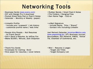 


                      Networking Tools
•   Business Cards (www.avery.com)           • Rubber Bands / Small Post-It Notes
•   DIY with Design Pro 5 download           • File Folders / Hanging Files
•   Pocket Sized Note Pad or Post-It Notes   • Own Name Tags - Clip on
•   Calendar – Monthly or Weekly (paper)

• LinkedIn Profile                           • e-Mail Signature
  - include your ‘e-speech’ / job history      - Include Name, Title / “Brand”
  - customize profile name / web links         - Contact info including LinkedIn

• People Hire People – Not Resumes           Joel Reinert Calendar jmreinert@stlcc.edu
  - by Frank Danzo                           www.peacefrog.biz ,STL Business Journal,
• Don’t Send a Resume, by Jeffrey Fox        BounceBack, GO! Network, KMOX, Yellow
• Make $1000 / Minute, Jack Chapman          Tie, Chamber of Commerce, etc.




• Thank-You Cards                            • Mini – Resume (1 page)
• Envelopes for mailing - 9x12                 - Target Job Titles
• Nice paper for resumes / cover letters       - Target Company List




                                                                                             4
                                                                                         
 