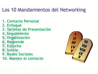 Los 10 Mandamientos del Networking

1. Contacto Personal
2. Enfoque
3. Tarjetas de Presentación
4. Seguimiento
5. Organización
6. Responde
7. Escucha
8. Sonríe
9. Redes Sociales
10. Manten el contacto
 