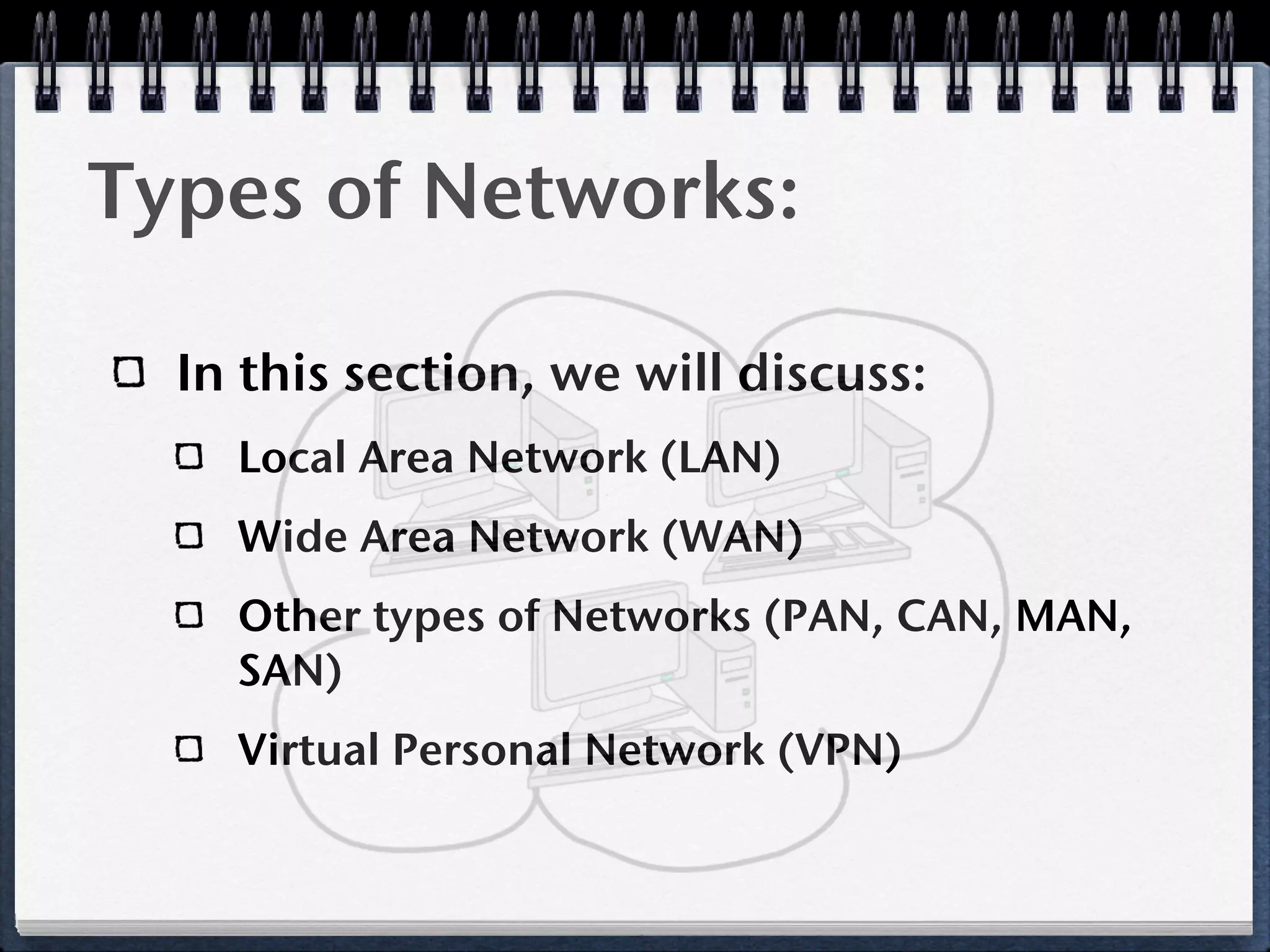Types of Networks:

  In this section, we will discuss:
    Local Area Network (LAN)
    Wide Area Network (WAN)
    Other types of Networks (PAN, CAN, MAN,
    SAN)
    Virtual Personal Network (VPN)
 