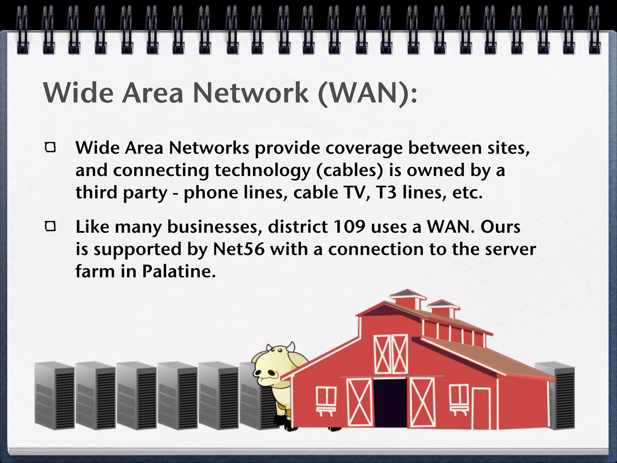 Wide Area Network (WAN):
  Wide Area Networks provide coverage between sites,
  and connecting technology (cables) is owned by a
  third party - phone lines, cable TV, T3 lines, etc.
  Like many businesses, district 109 uses a WAN. Ours
  is supported by Net56 with a connection to the server
  farm in Palatine.
 