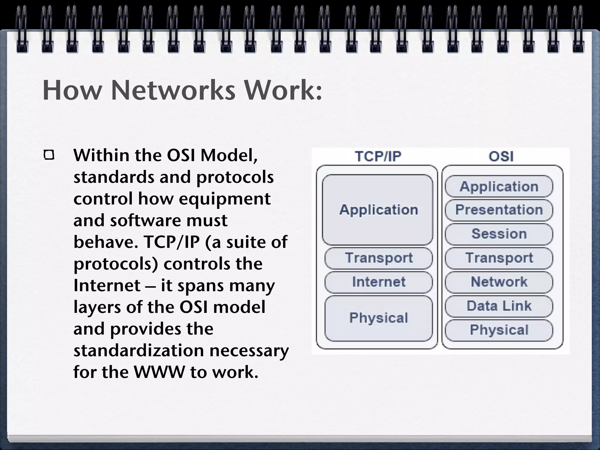 How Networks Work:

  Within the OSI Model,
  standards and protocols
  control how equipment
  and software must
  behave. TCP/IP (a suite of
  protocols) controls the
  Internet – it spans many
  layers of the OSI model
  and provides the
  standardization necessary
  for the WWW to work.
 
