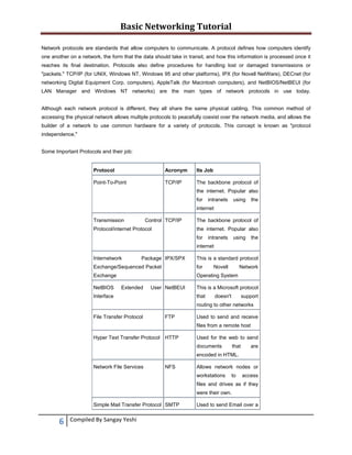 Basic Networking Tutorial 
 
Network protocols are standards that allow computers to communicate. A protocol defines how computers identify
one another on a network, the form that the data should take in transit, and how this information is processed once it
reaches its final destination. Protocols also define procedures for handling lost or damaged transmissions or
"packets." TCP/IP (for UNIX, Windows NT, Windows 95 and other platforms), IPX (for Novell NetWare), DECnet (for
networking Digital Equipment Corp. computers), AppleTalk (for Macintosh computers), and NetBIOS/NetBEUI (for
LAN Manager and Windows NT networks) are the main types of network protocols in use today.
Although each network protocol is different, they all share the same physical cabling. This common method of
accessing the physical network allows multiple protocols to peacefully coexist over the network media, and allows the
builder of a network to use common hardware for a variety of protocols. This concept is known as "protocol
independence,"
Some Important Protocols and their job:

Protocol

Acronym

Its Job

Point-To-Point

TCP/IP

The backbone protocol of
the internet. Popular also
for

intranets

using

the

internet
Transmission

Control TCP/IP

Protocol/internet Protocol

The backbone protocol of
the internet. Popular also
for

intranets

using

the

internet
Internetwork

Package IPX/SPX

This is a standard protocol

Exchange/Sequenced Packet

for

Exchange

Operating System

NetBIOS

Extended

User NetBEUI

Interface

Novell

Network

This is a Microsoft protocol
that

doesn't

support

routing to other networks
File Transfer Protocol

FTP

Used to send and receive
files from a remote host

Hyper Text Transfer Protocol HTTP

Used for the web to send
documents

that

are

encoded in HTML.
Network File Services

NFS

Allows network nodes or
workstations

to

access

files and drives as if they
were their own.
Simple Mail Transfer Protocol SMTP

6 
 

Compiled By Sangay Yeshi 

Used to send Email over a

 