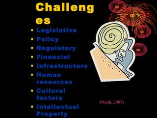 Challeng
es
• Legislative
• Policy
• Regulatory
• Financial
• Infrastructure
• Human
resources
• Cultural
factors
• Intellectual
Property
(Neish, 2007)
 