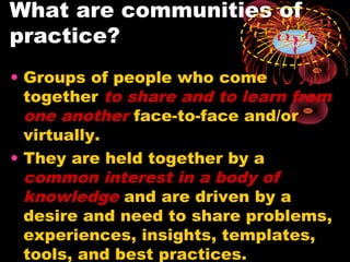 What are communities of
practice?
• Groups of people who come
together to share and to learn from
one another face-to-face and/or
virtually.
• They are held together by a
common interest in a body of
knowledge and are driven by a
desire and need to share problems,
experiences, insights, templates,
tools, and best practices.
 