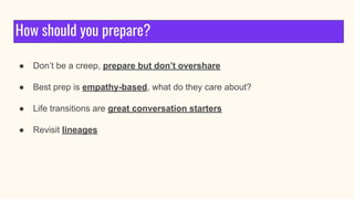 How should you prepare?
● Don’t be a creep, prepare but don’t overshare
● Best prep is empathy-based, what do they care ab...