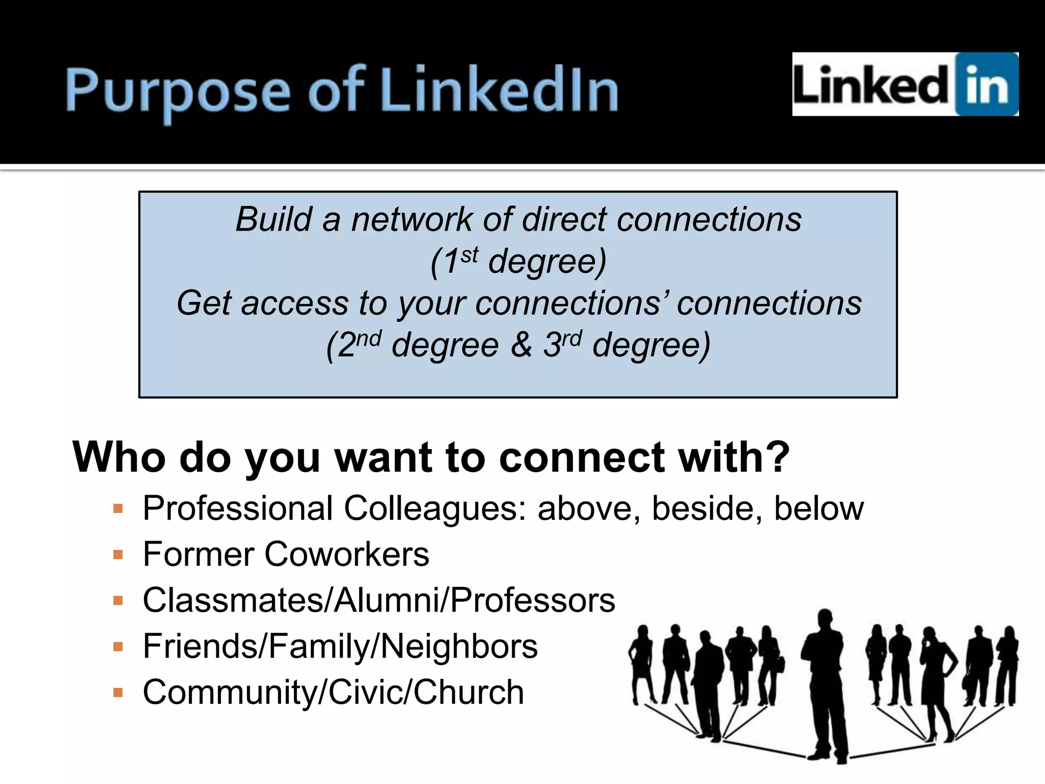 Build a network of direct connections
                       (1st degree)
       Get access to your connections’ connections
                (2nd degree & 3rd degree)


Who do you want to connect with?
    Professional Colleagues: above, beside, below
    Former Coworkers
    Classmates/Alumni/Professors
    Friends/Family/Neighbors
    Community/Civic/Church
 