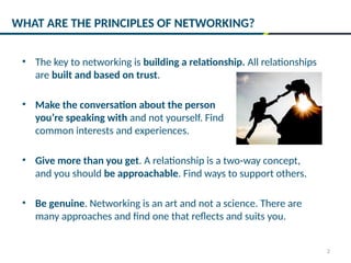 2
• The key to networking is building a relationship. All relationships
are built and based on trust.
• Make the conversation about the person
you’re speaking with and not yourself. Find
common interests and experiences.
• Give more than you get. A relationship is a two-way concept,
and you should be approachable. Find ways to support others.
• Be genuine. Networking is an art and not a science. There are
many approaches and find one that reflects and suits you.
WHAT ARE THE PRINCIPLES OF NETWORKING?
 