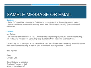 SAMPLE MESSAGE OR EMAIL
Subject:
- “BCM PhD candidate interested in Deloitte’s technology practice” (leveraging alumni contact)
- “Fellow biochemist interested in learning about your transition to consulting” (personalized to
consultant)
Content
Mr. Carlyle,
I am currently a PhD student at TMC University and am planning to pursue a career in consulting. I
am particularly interested in Consulting Corp due to the firm’s heavy life sciences focus.
I’m reaching out to see if you would be available for a few minutes over the coming weeks to discuss
your transition to consulting as well as your experiences working in the NYC office.
Best regards,
David
LinkedIn URL
Baylor College of Medicine
Graduate Program in XYZ
Advisor: Jane Doe, MD
 