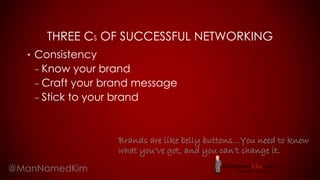 THREE CS OF SUCCESSFUL NETWORKING
• Consistency
– Know your brand
– Craft your brand message
– Stick to your brand
@ManNamedKim
Brands are like belly buttons…You need to know
what you’ve got, and you can’t change it.
 