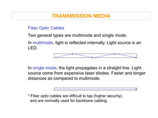 TRANSMISSION MEDIA

Fiber Optic Cables
Two general types are multimode and single mode.
In multimode, light is reflected internally. Light source is an
LED.



In single mode, the light propagates in a straight line. Light
source come from expensive laser diodes. Faster and longer
distances as compared to multimode.


* Fiber optic cables are difficult to tap (higher security)
  and are normally used for backbone cabling.
 