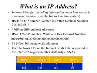 What is an IP Address?
• Internet identifier including information about how to reach
   a network location (via the Internet routing system)
• IPv4: 32-bit* number. Written in Dotted Decimal Notation
   205.150.58.7
• 4 billion different host addresses
• IPv6: 128-bit* number. Written in Hex Decimal Notation
  2001:0503:0C27:0000:0000:0000:0000:0000
• 16 billion billion network addresses
• Each Network I.D. on the Internet needs to be registered to
   the Internet Assigned number Authority (IANA)
 