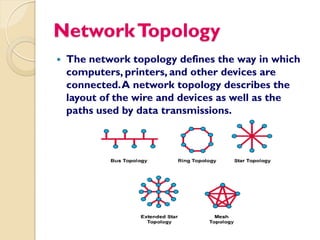 Network Topology
   The network topology defines the way in which
    computers, printers, and other devices are
    connected. A network topology describes the
    layout of the wire and devices as well as the
    paths used by data transmissions.
 