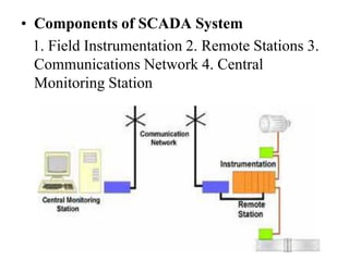 • Components of SCADA System
  1. Field Instrumentation 2. Remote Stations 3.
  Communications Network 4. Central
  Monitoring Station
 