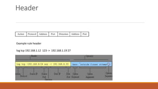 Header
Example rule header
log tcp 192.168.1.12 123 -> 192.168.1.19 27
 