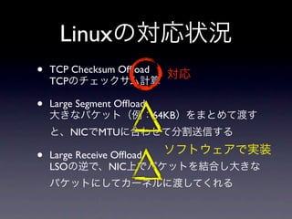 Linux
•   TCP Checksum Ofﬂoad
    TCP

•   Large Segment Ofﬂoad
                           64KB
        NIC MTU

•   Large Receive Ofﬂoad
    LSO          NIC
 