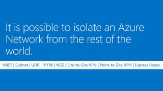 VNET | Subnet | UDR | IP FW | NGS | Site-to-Site VPN | Point-to-Site VPN | Express Route
 