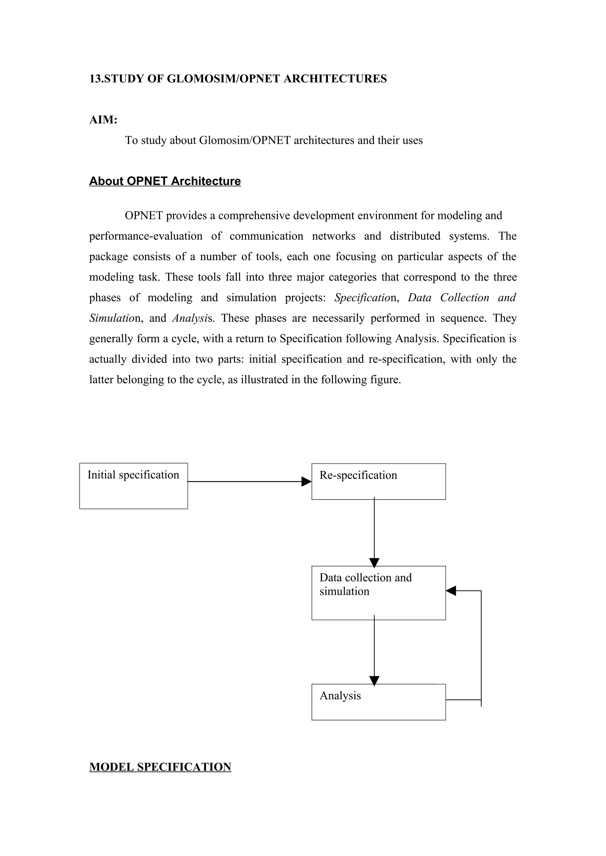 13.STUDY OF GLOMOSIM/OPNET ARCHITECTURES


AIM:
        To study about Glomosim/OPNET architectures and their uses


About OPNET Architecture

        OPNET provides a comprehensive development environment for modeling and
performance-evaluation of communication networks and distributed systems. The
package consists of a number of tools, each one focusing on particular aspects of the
modeling task. These tools fall into three major categories that correspond to the three
phases of modeling and simulation projects: Specification, Data Collection and
Simulation, and Analysis. These phases are necessarily performed in sequence. They
generally form a cycle, with a return to Specification following Analysis. Specification is
actually divided into two parts: initial specification and re-specification, with only the
latter belonging to the cycle, as illustrated in the following figure.




Initial specification                              Re-specification




                                                   Data collection and
                                                   simulation




                                                   Analysis




MODEL SPECIFICATION
 