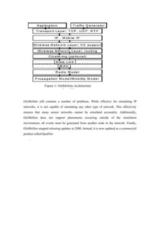 GloMoSim still contains a number of problems. While effective for simulating IP
networks, it is not capable of simulating any other type of network. This effectively
ensures that many sensor networks cannot be simulated accurately. Additionally,
GloMoSim does not support phenomena occurring outside of the simulation
environment, all events must be generated from another node in the network. Finally,
GloMoSim stopped releasing updates in 2000. Instead, it is now updated as a commercial
product called QualNet
    .
 