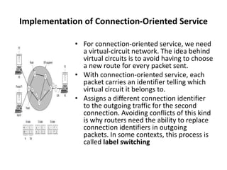Implementation of Connection-Oriented Service
• For connection-oriented service, we need
a virtual-circuit network. The idea behind
virtual circuits is to avoid having to choose
a new route for every packet sent.
• With connection-oriented service, each
packet carries an identifier telling which
virtual circuit it belongs to.
• Assigns a different connection identifier
to the outgoing traffic for the second
connection. Avoiding conflicts of this kind
is why routers need the ability to replace
connection identifiers in outgoing
packets. In some contexts, this process is
called label switching
 