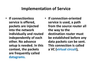 Implementation of Service
• If connection-oriented
service is used, a path
from the source router all
the way to the
desti...