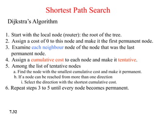1. Start with the local node (router): the root of the tree.
2. Assign a cost of 0 to this node and make it the first permanent node.
3. Examine each neighbour node of the node that was the last
permanent node.
4. Assign a cumulative cost to each node and make it tentative.
5. Among the list of tentative nodes
a. Find the node with the smallest cumulative cost and make it permanent.
b. If a node can be reached from more than one direction
i. Select the direction with the shortest cumulative cost.
6. Repeat steps 3 to 5 until every node becomes permanent.
Shortest Path Search
Dijkstra’s Algorithm
7.32
 
