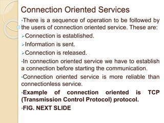 Connection Oriented Services
•There is a sequence of operation to be followed by
the users of connection oriented service. These are:
Connection is established.
Information is sent.
Connection is released.
•In connection oriented service we have to establish
a connection before starting the communication.
•Connection oriented service is more reliable than
connectionless service.
•Example of connection oriented is TCP
(Transmission Control Protocol) protocol.
•FIG. NEXT SLIDE
 