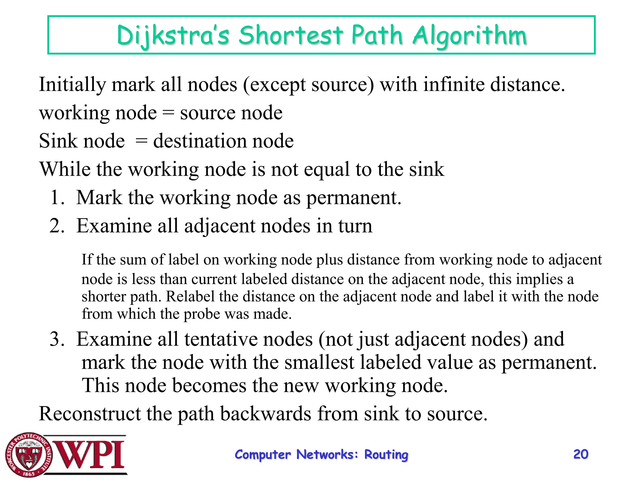 Computer Networks: Routing 20
Dijkstra’s Shortest Path Algorithm
Initially mark all nodes (except source) with infinite distance.
working node = source node
Sink node = destination node
While the working node is not equal to the sink
1. Mark the working node as permanent.
2. Examine all adjacent nodes in turn
If the sum of label on working node plus distance from working node to adjacent
node is less than current labeled distance on the adjacent node, this implies a
shorter path. Relabel the distance on the adjacent node and label it with the node
from which the probe was made.
3. Examine all tentative nodes (not just adjacent nodes) and
mark the node with the smallest labeled value as permanent.
This node becomes the new working node.
Reconstruct the path backwards from sink to source.
 