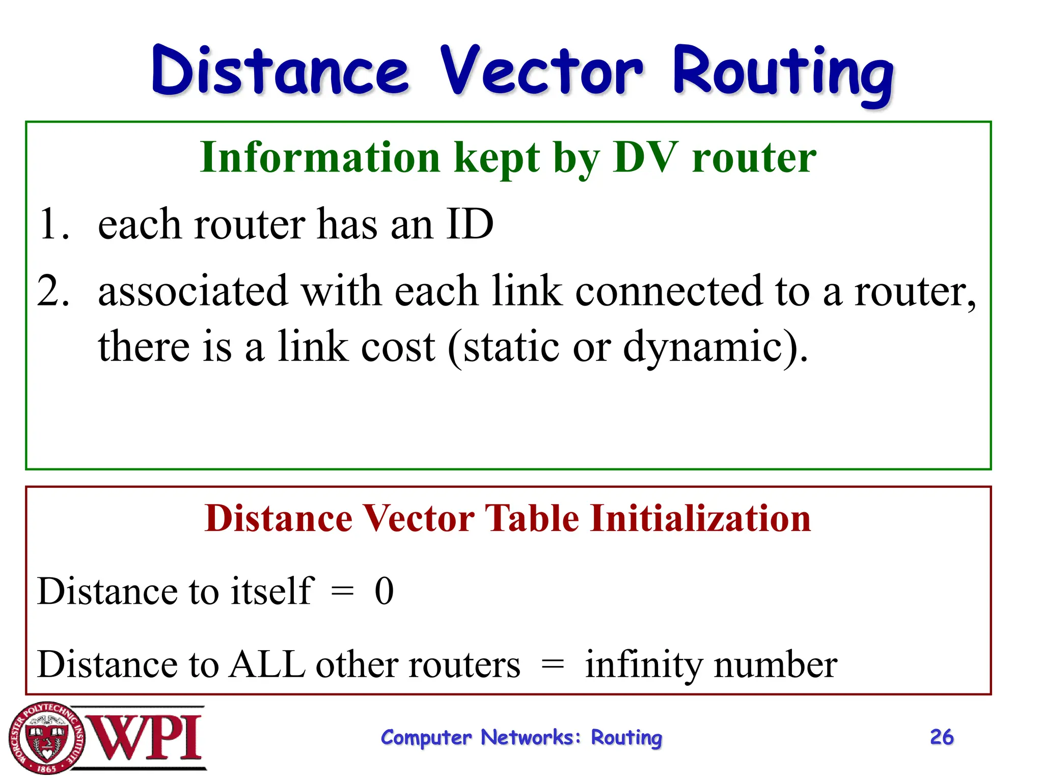 Computer Networks: Routing 26
Distance Vector Routing
Information kept by DV router
1. each router has an ID
2. associated with each link connected to a router,
there is a link cost (static or dynamic).
Distance Vector Table Initialization
Distance to itself = 0
Distance to ALL other routers = infinity number
 