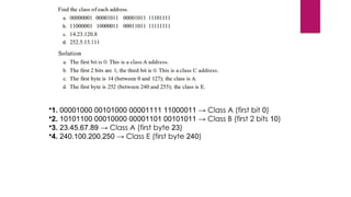 •1. 00001000 00101000 00001111 11000011 → Class A (first bit 0)
•2. 10101100 00010000 00001101 00101011 → Class B (first 2 bits 10)
•3. 23.45.67.89 → Class A (first byte 23)
•4. 240.100.200.250 → Class E (first byte 240)
 