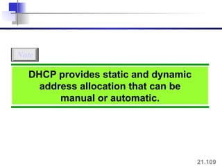 21.109
DHCP provides static and dynamic
address allocation that can be
manual or automatic.
Note
 