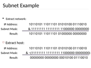Subnet Example
85
 Extract network:
 Extract host:
10110101 11011101 01010100 01110010
IP Address:
& 11111111 11111111 11000000 00000000
Subnet Mask:
10110101 11011101 01000000 00000000
Result:
10110101 11011101 01010100 01110010
IP Address:
& ~(11111111 11111111 11000000 00000000)
Subnet Mask:
00000000 00000000 00010100 01110010
Result:
 