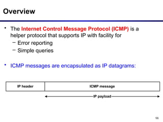 98
Overview
• The Internet Control Message Protocol (ICMP) is a
helper protocol that supports IP with facility for
– Error reporting
– Simple queries
• ICMP messages are encapsulated as IP datagrams:
IP header ICMP message
IP payload
 