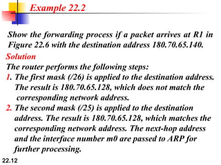 22.12
Show the forwarding process if a packet arrives at R1 in
Figure 22.6 with the destination address 180.70.65.140.
Example 22.2
Solution
The router performs the following steps:
1. The first mask (/26) is applied to the destination address.
The result is 180.70.65.128, which does not match the
corresponding network address.
2. The second mask (/25) is applied to the destination
address. The result is 180.70.65.128, which matches the
corresponding network address. The next-hop address
and the interface number m0 are passed to ARP for
further processing.
 